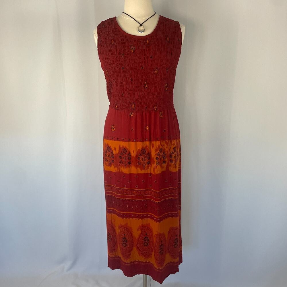 Boho Maxi Dress Size 16 Red Orange Paisley Smocked Bodice Sleeveless Vtg Y2K